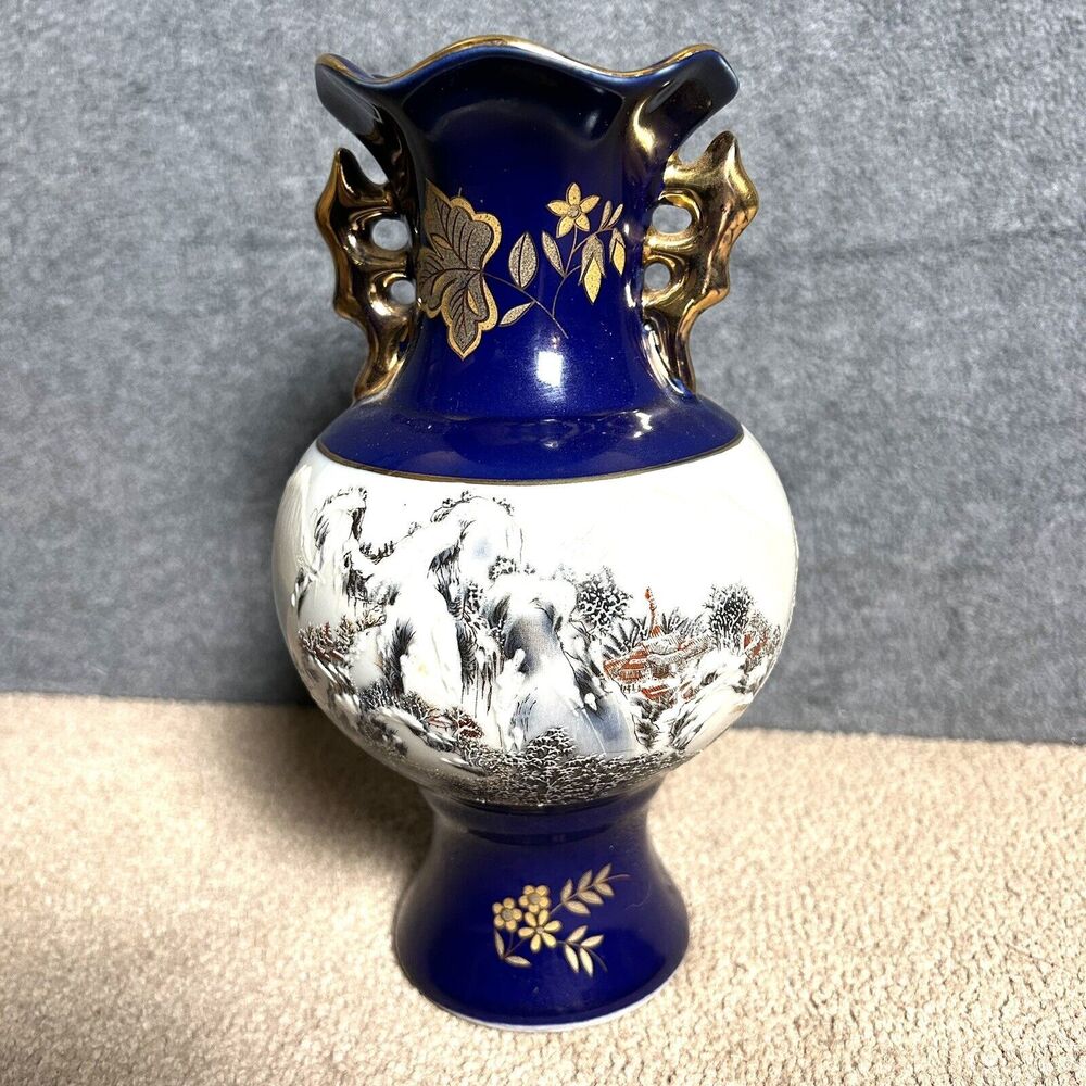 Vintage Porcelain Vase Blue White Gold Hand Painted Mountains 8 Inches Tall
